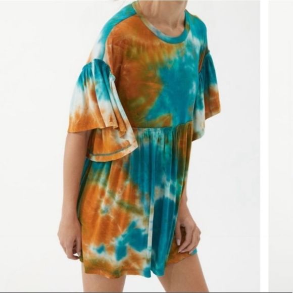 Urban Outfitters Dresses & Skirts - Urban Outfitters Baza Ruffle Tye Dyed Mini Dress Medium,  Orange & Blue